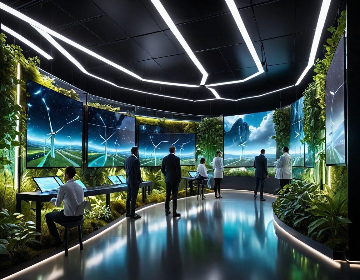 A futuristic landscape showcasing a power network integrated with renewable energy sources like wind turbines and solar panels, interconnected with glowing pathways. Illustrate a diverse group of engineers and scientists collaborating, surrounded by digital screens displaying data and sustainability metrics. The atmosphere should feel vibrant and optimistic, symbolizing innovation and environmental harmony. super-realistic. vibrant colors. 3D.