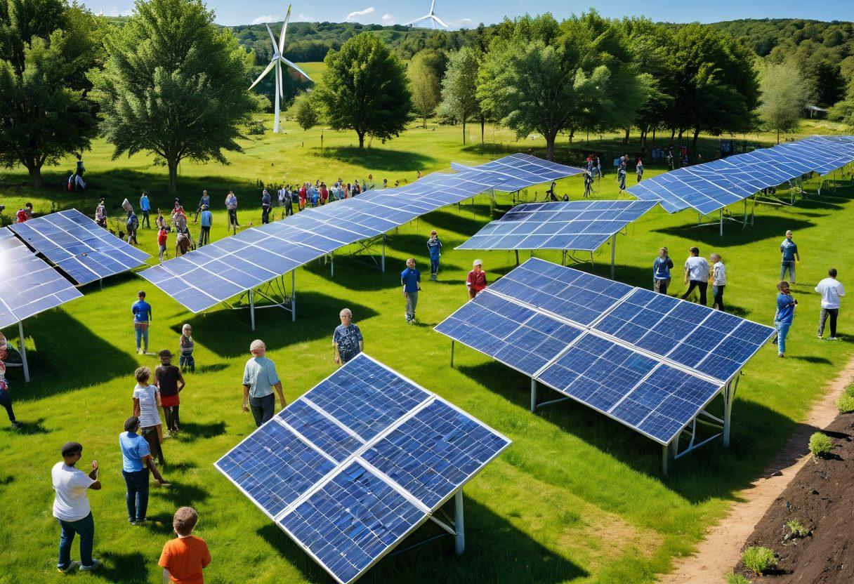 A lively community gathering featuring diverse individuals collaborating on eco-friendly energy solutions. In the foreground, people are planting trees and installing solar panels, while children play nearby, showcasing a vibrant community spirit. Background shows green landscapes with wind turbines and solar farms, symbolizing a sustainable future. Use vibrant colors and a joyful atmosphere to convey empowerment and collaboration. super-realistic. vibrant colors. 3D.