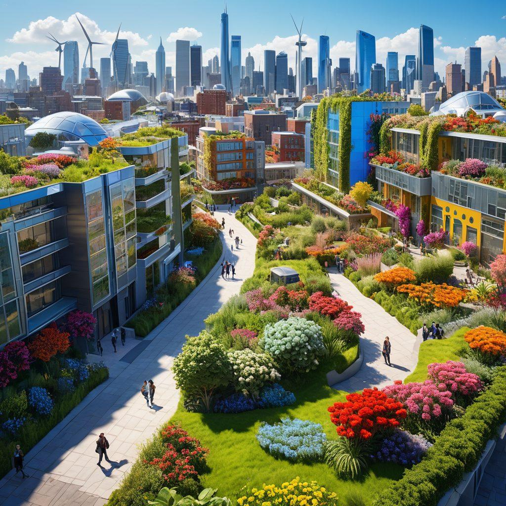 A futuristic city skyline powered by renewable energy sources, with wind turbines and solar panels integrated into buildings. People walking on green rooftops filled with plants and flowers, showcasing community gardening. Bright blue skies with a radiant sun, symbolizing hope for a sustainable future. Super-realistic. vibrant colors. bright background.
